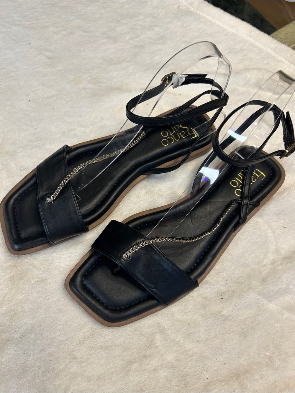 Franco Sarto Black Leather Chain-Detail Ankle-Strap Sandals